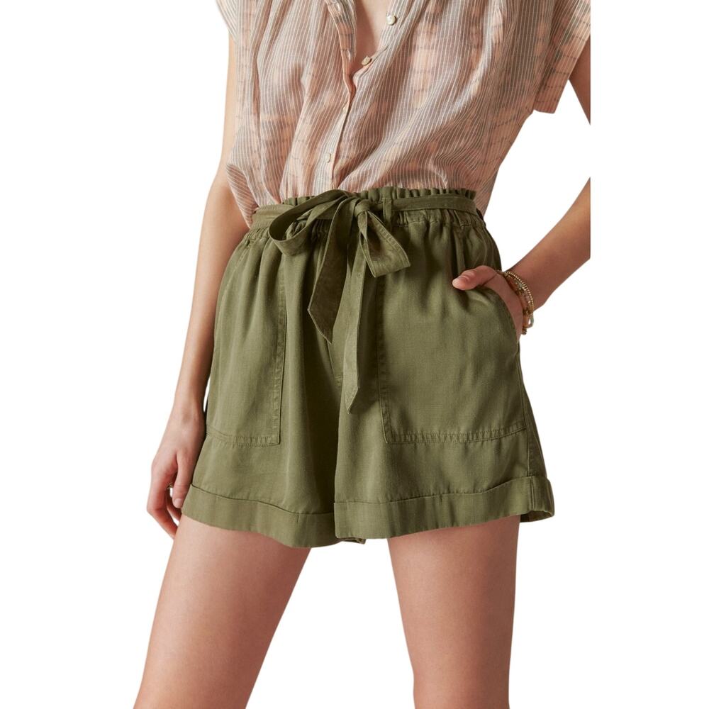 Lucky Brand Women Olive Green Tencel Casual Belted Paperbag Waist Shorts Size S